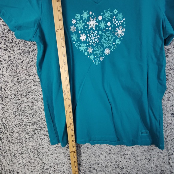 Life is Good Crusher Snowflake Heart‎ VNeck Short Sleeve Top Turquoise Womens L - Picture 4 of 7